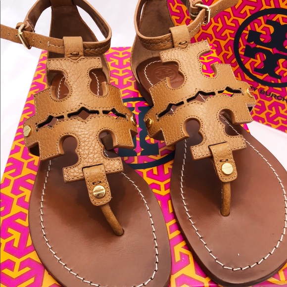 Tory Burch Phoebe Flat Thong Sandals Tan Logo - Picture 2 of 8